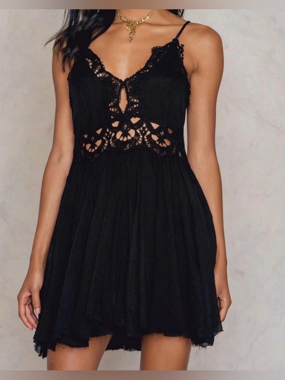 Free People One Ilektra black crochet mini dress, XS